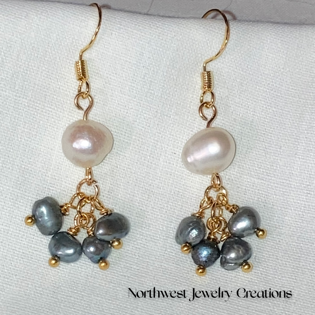 White Pearl Blue Pearl 925 Gold Cluster Handcrafted Dainty Artisan Earrings