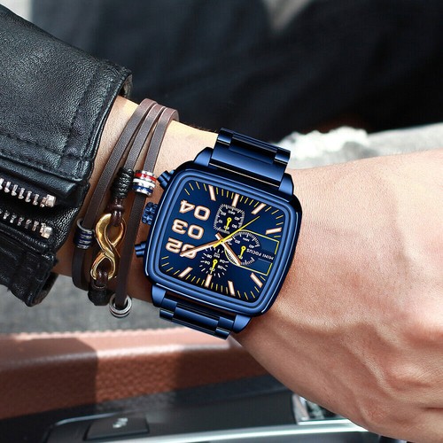 MINI FOCUS Men Rectangle Watch Luminous Wristwatch Big Number Boys Steel Watches - Picture 13 of 25
