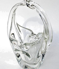 Vintage Murano Style Hand Blown Art Glass Basket Clear Split Handle Basket Vase