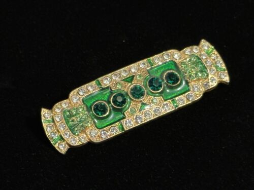 Art Deco, Green Rhinestone, Gold-Like Appearance Large Look Luxury Bar Pin, NR