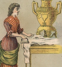 1880's DILWORTH'S COFFEE TRADE CARD, TUESDAY~ IRONING DAY,  PRETTY LADY  TTC891