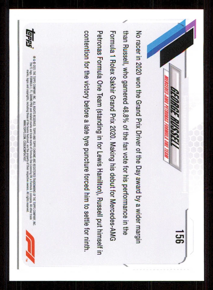2021 Topps Chrome Formula 1 #156 George Russell/Driver of the Day - Image 2 of 2