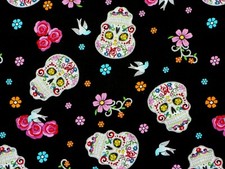 FOLKLORIC SUGAR SKULLS FABRIC GOTHIC ROSES METALLIC SKULL COTTON BY THE YARD