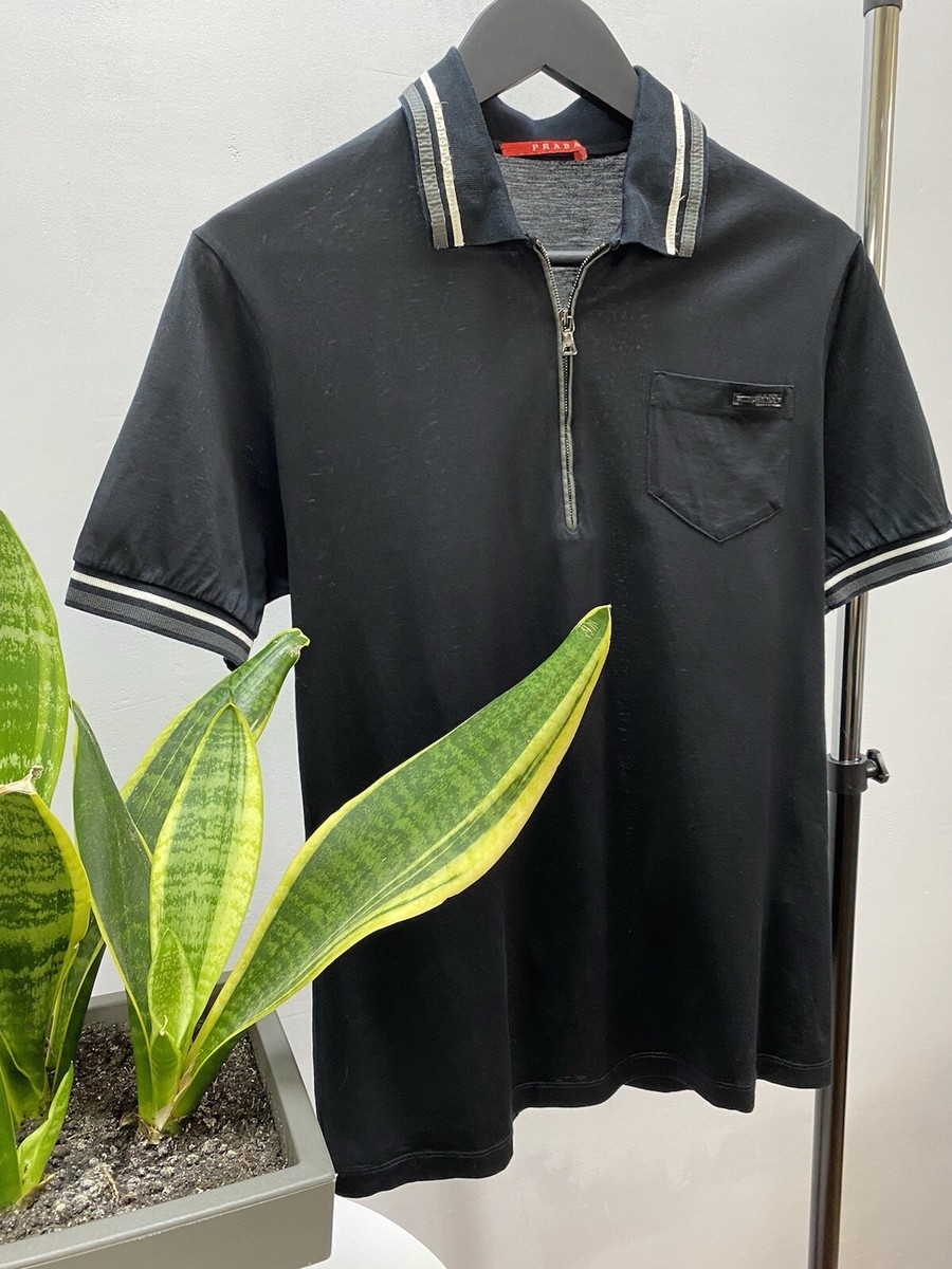 Prada Polo Zip Pocket Logo T-shirt Men Size S Black Made In