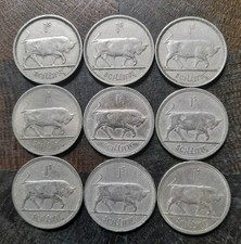 IRELAND EIRE FULL DATE RUN IRISH BULL SHILLINGS 1951-1968 X9 GOOD GRADE COINS L5