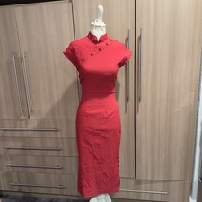 Stop Staring Red High Neck Button Accent Midi Sheath Dress S Short Sleeve