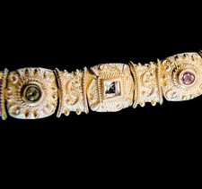 Bracciale vintage sterling 925 etrusco 9 pietre preziose retro aperto Vermeil tono oro