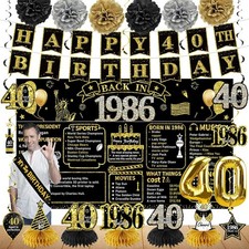 40th Birthday Decorations Black Gold Party Supplies for Men Women Celebration