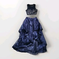VTG Windsor Navy 2 Piece Formal Dress Lace Crop Top High Low Skirt Prom Set Sz 9
