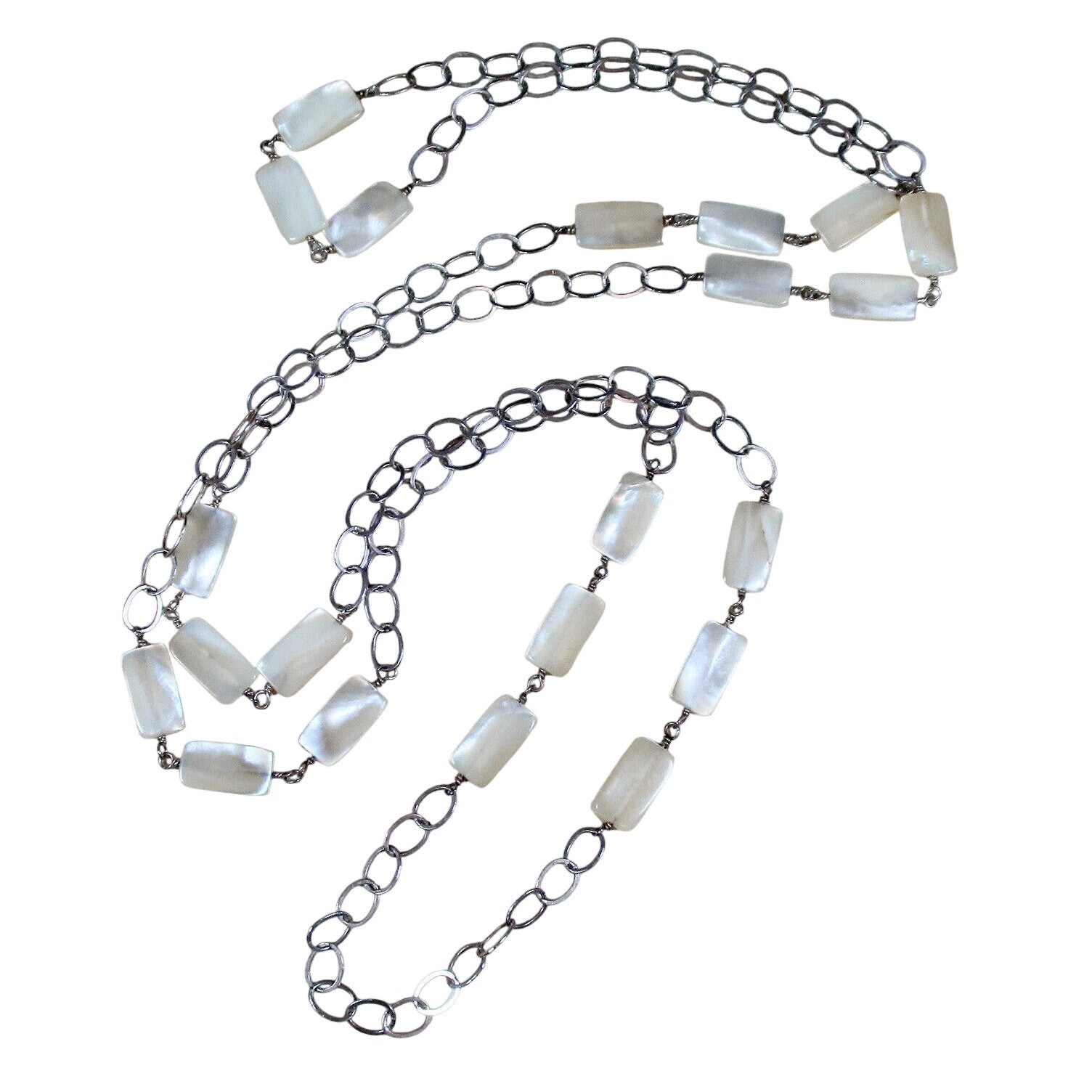 LONG VTG STERLING SILVER CHAIN RECTANGULAR MOTHER… - image 1