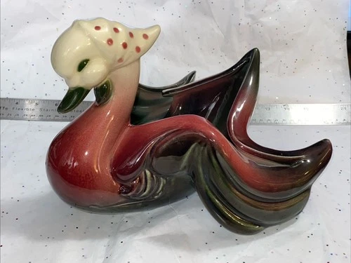 Vtg Hull USA Mother Goose Duck Swan Ceramic Planter Polk - A - Dot Bonnet