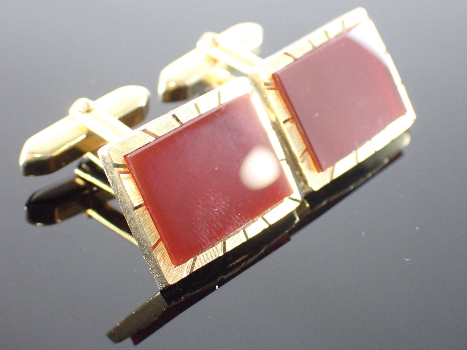 Vintage Gold Tone Red Stone Rectangular Cufflinks… - image 6