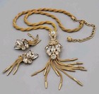 Vintage HOBE Gold Tassel Chandelier Necklace Earrings Set Marquise Rhinestones — photo 1