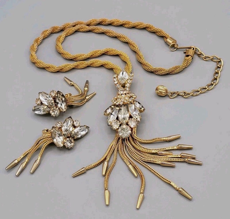 Vintage HOBE Gold Tassel Chandelier Necklace Earrings Set Marquise Rhinestones