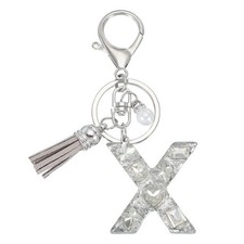 Initial Letter Keychain with Tassel, Alphabet Letter x Keyring, Silver