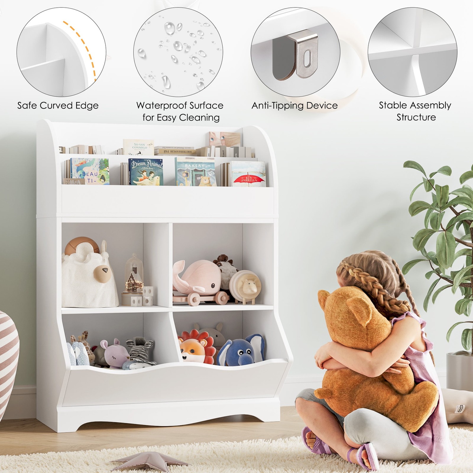 Homfa Kids Cubby Toy Storage Cabinet with 2-Tier Book Rack, White Wood Cube
