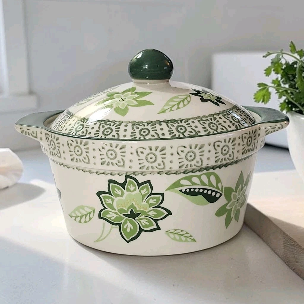 Temp-tations by Tara Monaco Green 1QT Baking Casserole Dish W/Lid & Handles EC