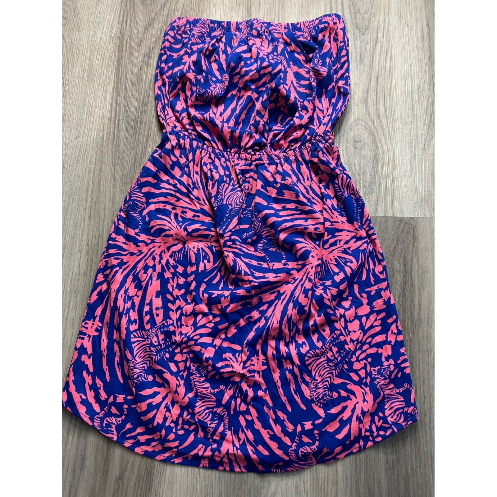 Lilly Pulitzer Strapless Dress Pink Blue Tropical Print Smocked Waist XS