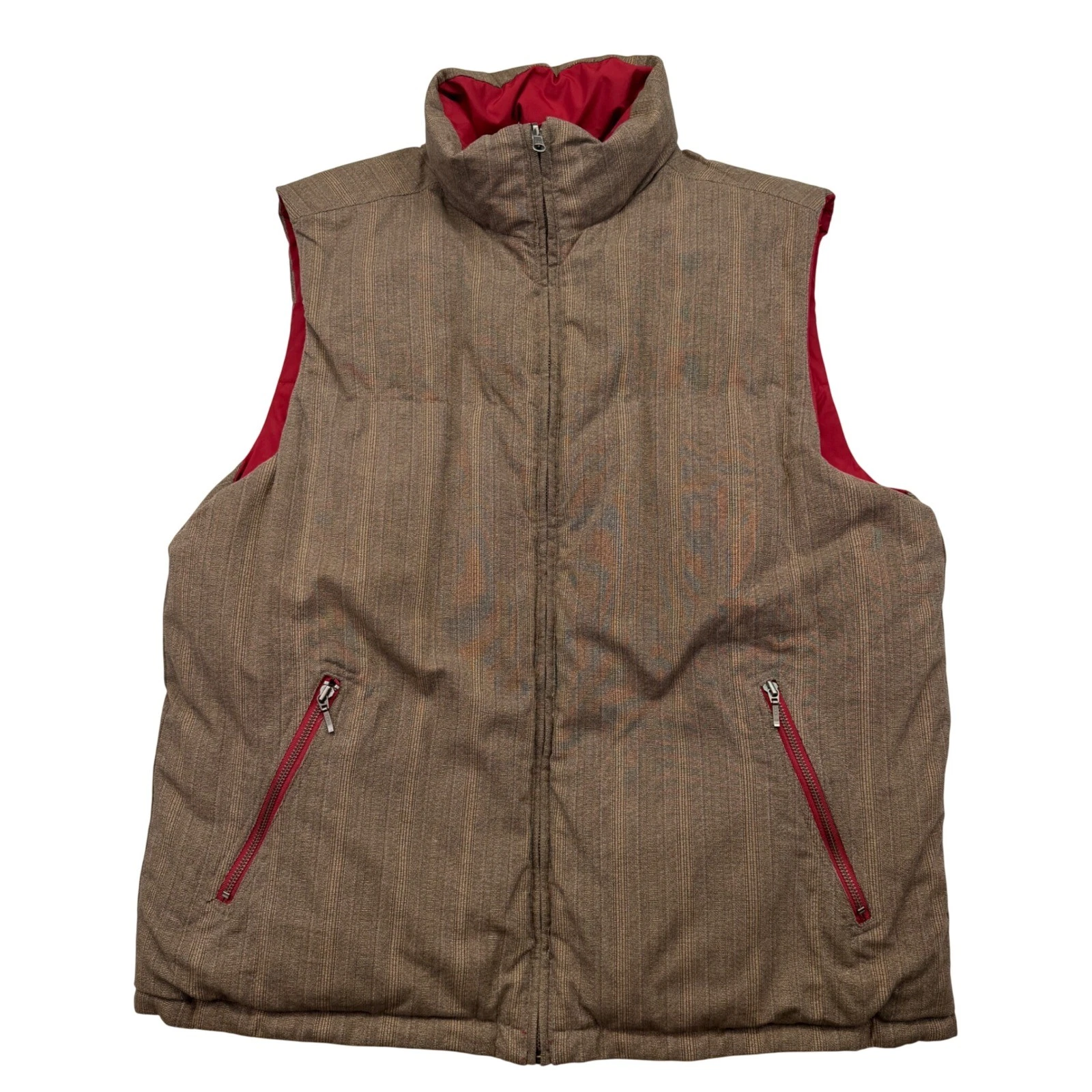 Eddie Bauer Reversible Goose Down Puffer Vest Brown Pinstripe Red Mens XL Tall