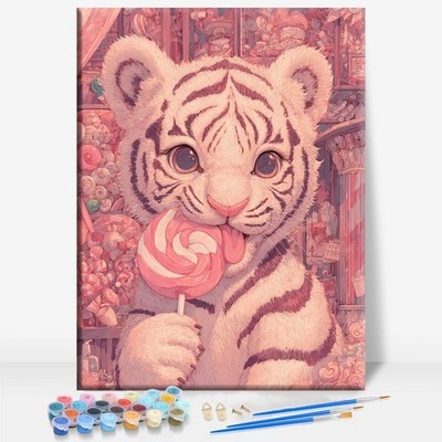 Tiny Tiger Lollipop Animal Framed Canvas DIY Paint by Numbers Kit Bar Cafe Ca...