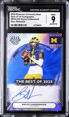 BRYCE UNDERWOOD RC 2025 BOWMAN U BEST BLUE ROOKIE AUTO SP 1/150 CGC 9 MINT