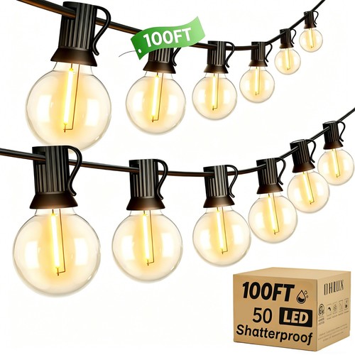 G40 LED Outdoor String Lights 100FT, 50 Bulbs Waterproof Shatterproof, 2700K
