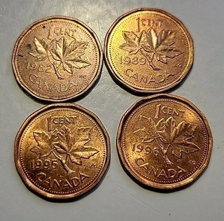 4 12 Sided Canadian Pennies. 1982 1989 1995 and 1996. These Are Not Round.
