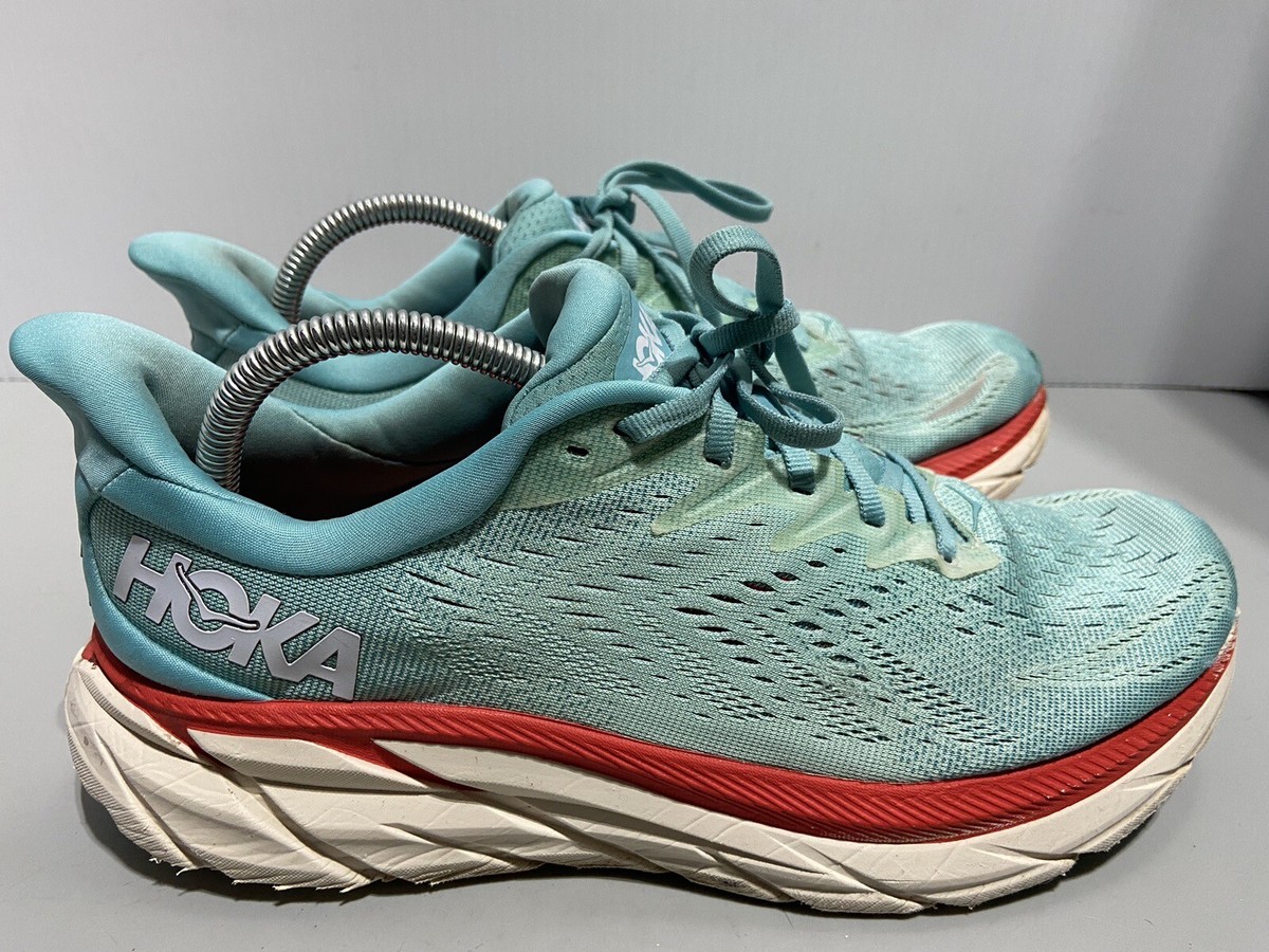 Hoka One One Clifton 8 Teal Blue Red White Running Shoes 