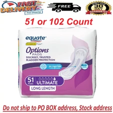 Equate Options Incontinence Pads for Women, Ultimate, Long, 51-102 Count