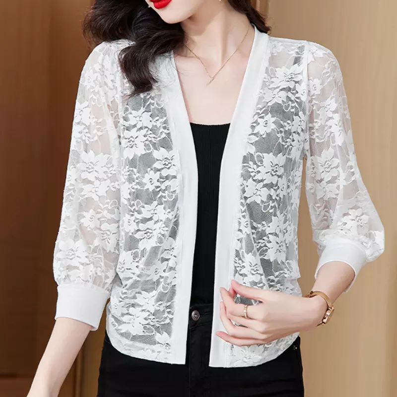 Women Hollow Out Lace Cardigan Shrug Bolero 3 4 Sleeve Crop Top Mesh Beach Thin