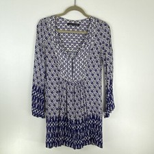 Zara Retro Women Small Sheath Dress V Neck Bell Long Sleeves Geometric Blue Boho