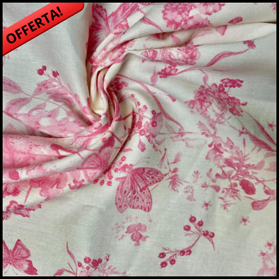 LINEN FABRIC FOR CURTAINS CLOTHING PATCHWORK SCRAPES BY THE METER FLORAL PINK