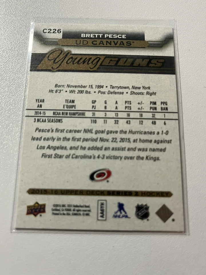 2015-16 Upper Deck UD Canvas Young Guns Brett Pesce #C226 Rookie RC - Image 2 of 2