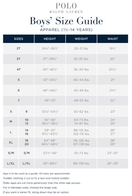 Ralph Childrenswear Size Chart