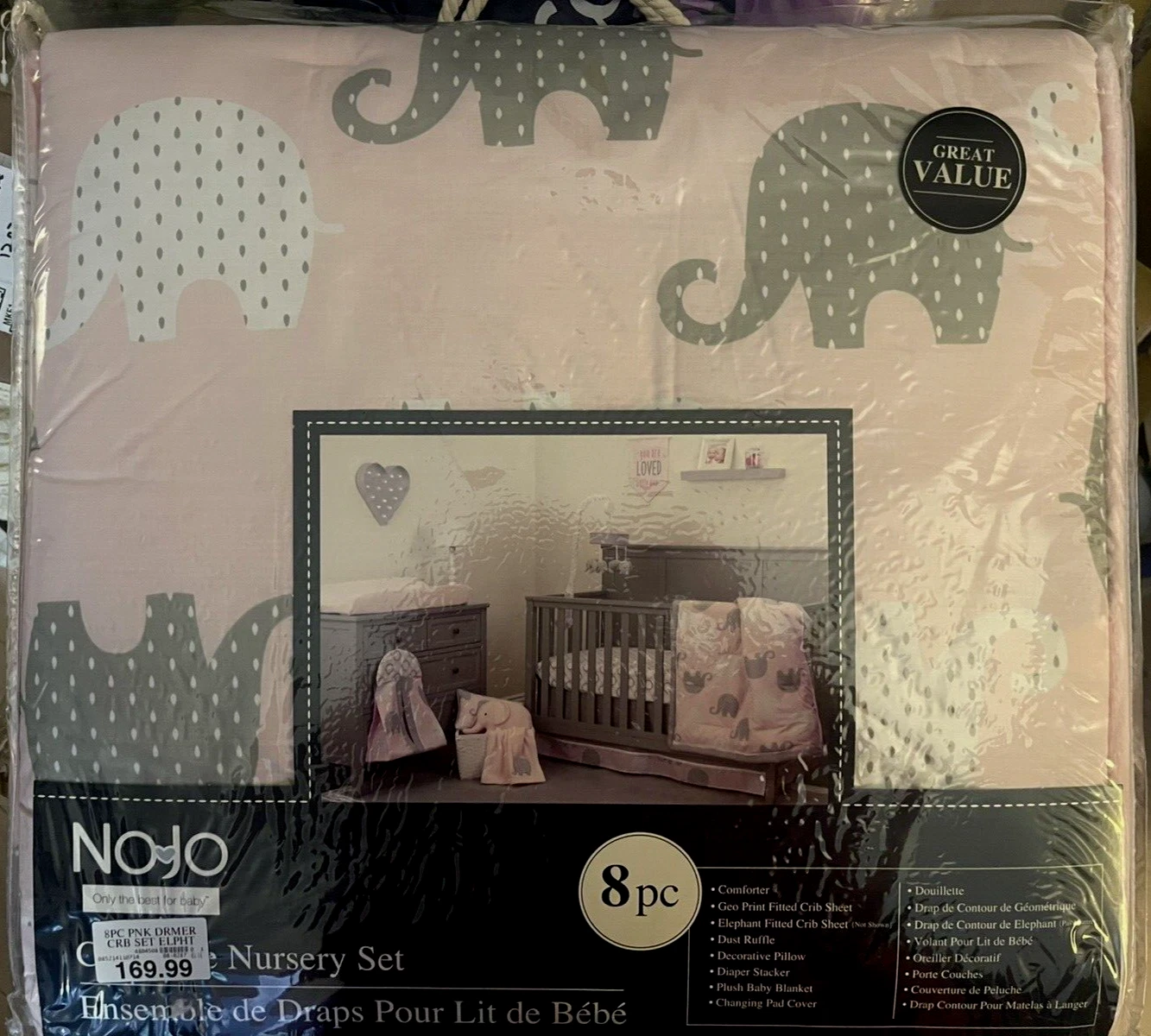 NoJo Dreamer Crib Bedding 8 pc Nursery Comforter Set Girl Pink/Grey Elephant