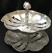 Two Tier Silver Colored 8” Diameter Serving Dish - Nuts Candy - 8” Tall