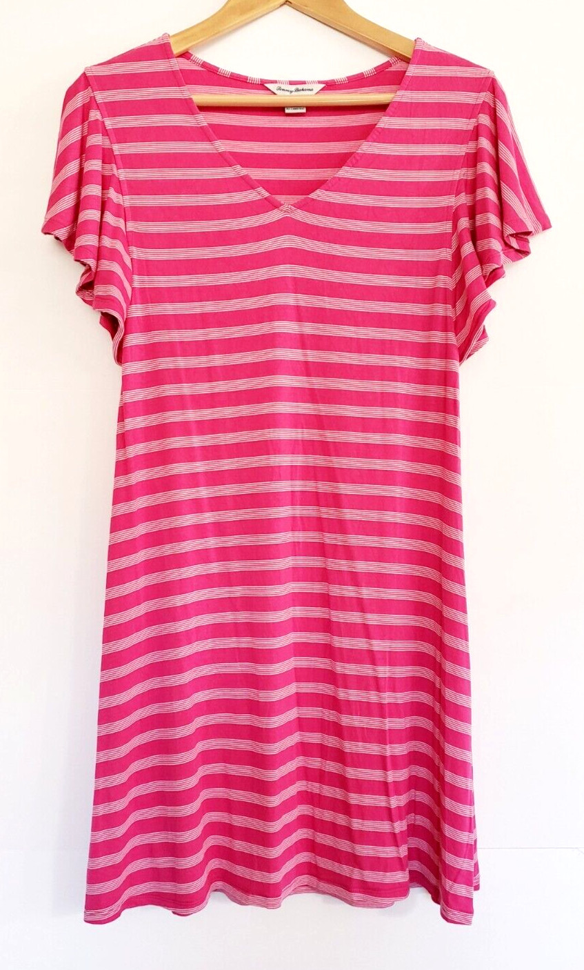 Tommy Bahama A-Line Jersey Dress Size Small Pink White Stripe V-Neck Stretch