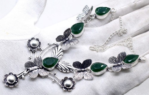 925 Sterling Silver Green Emerald Gemstone Handmade Jewelry Necklace Size-17-18 - Picture 2 of 9