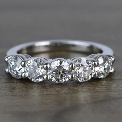 2 Ct Total Weight 14k White Gold 5-Stone Diamond Wedding Band Ring - Round Cut, Size 7.5