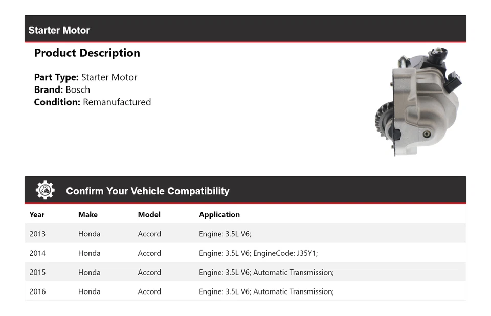 Arranque Bosch V6 3,5 L 2013-2016 para Honda Accord 3,5 L (remanufacturado) 2014 2015 Foto 2 de 4