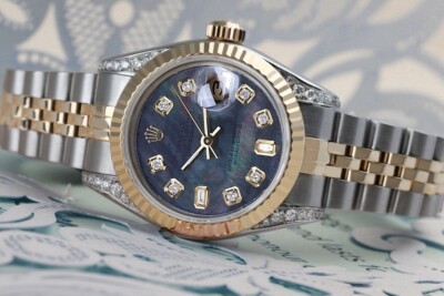 Womens Rolex Datejust 26 mm Black Mother Of Pearl Diamond Dial & Lugs 2 Tone