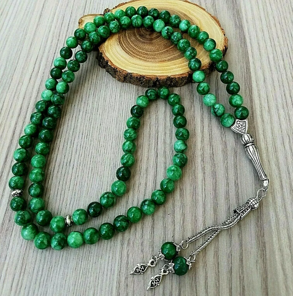 REAL Green Jade Stone Islamic Prayer 99 beads Tasbih Misbaha Rosary Tasbeeh  8mm