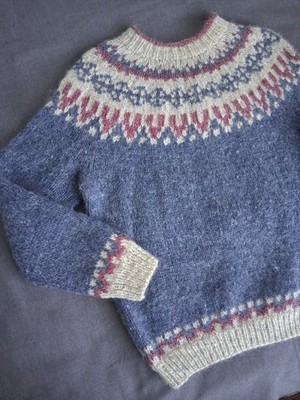100% Rustic Wool Sweater M Fair Isle Nordic Hand Knit Jumper Blue Gray Red Women
