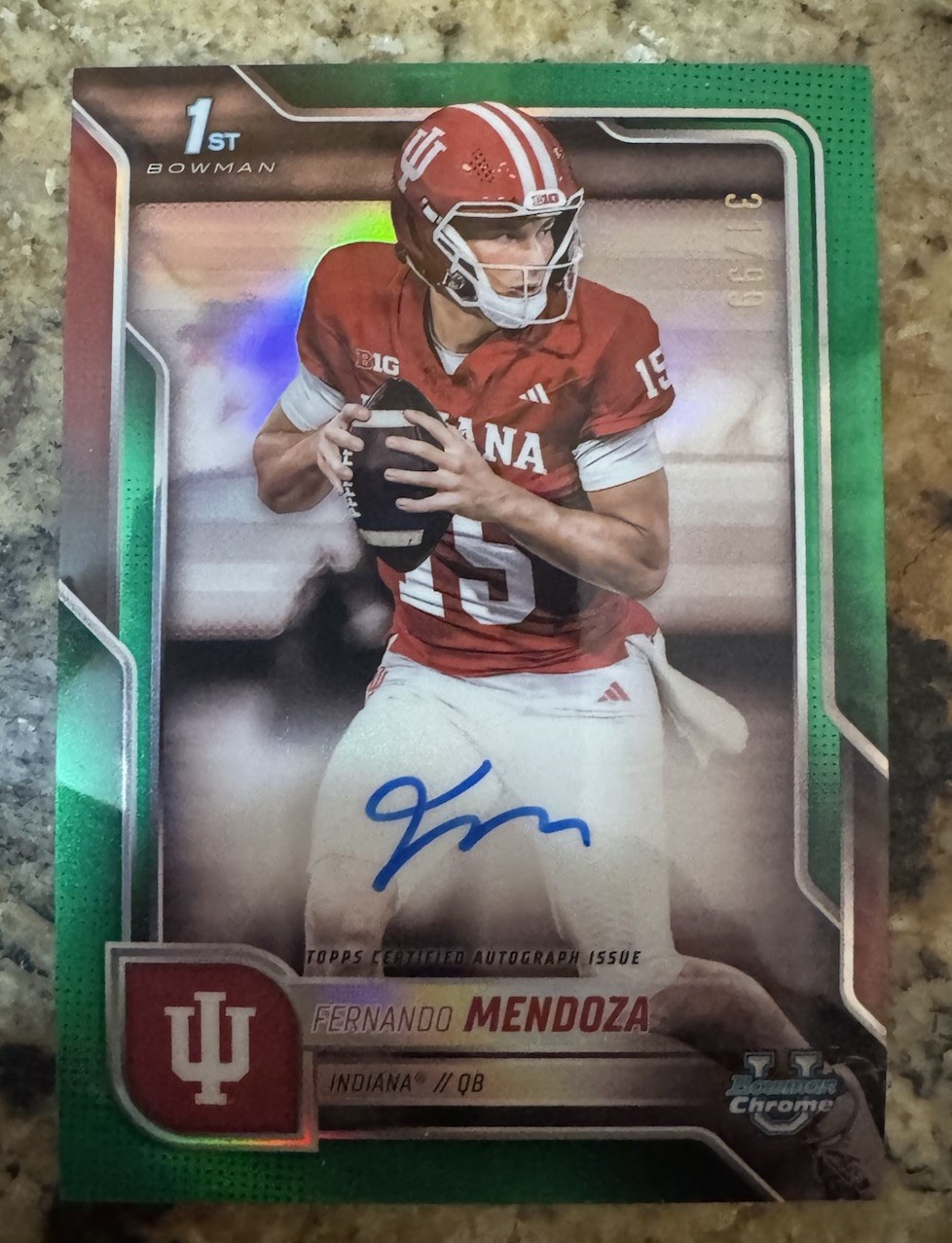 Fernando Mendoza Auto 2025 Bowman Chrome University U 1st Green Refractor /99