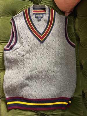Brook Brothers Grey Lambswool V-Neck Cable Knit Cricket Sweater Vest Size M