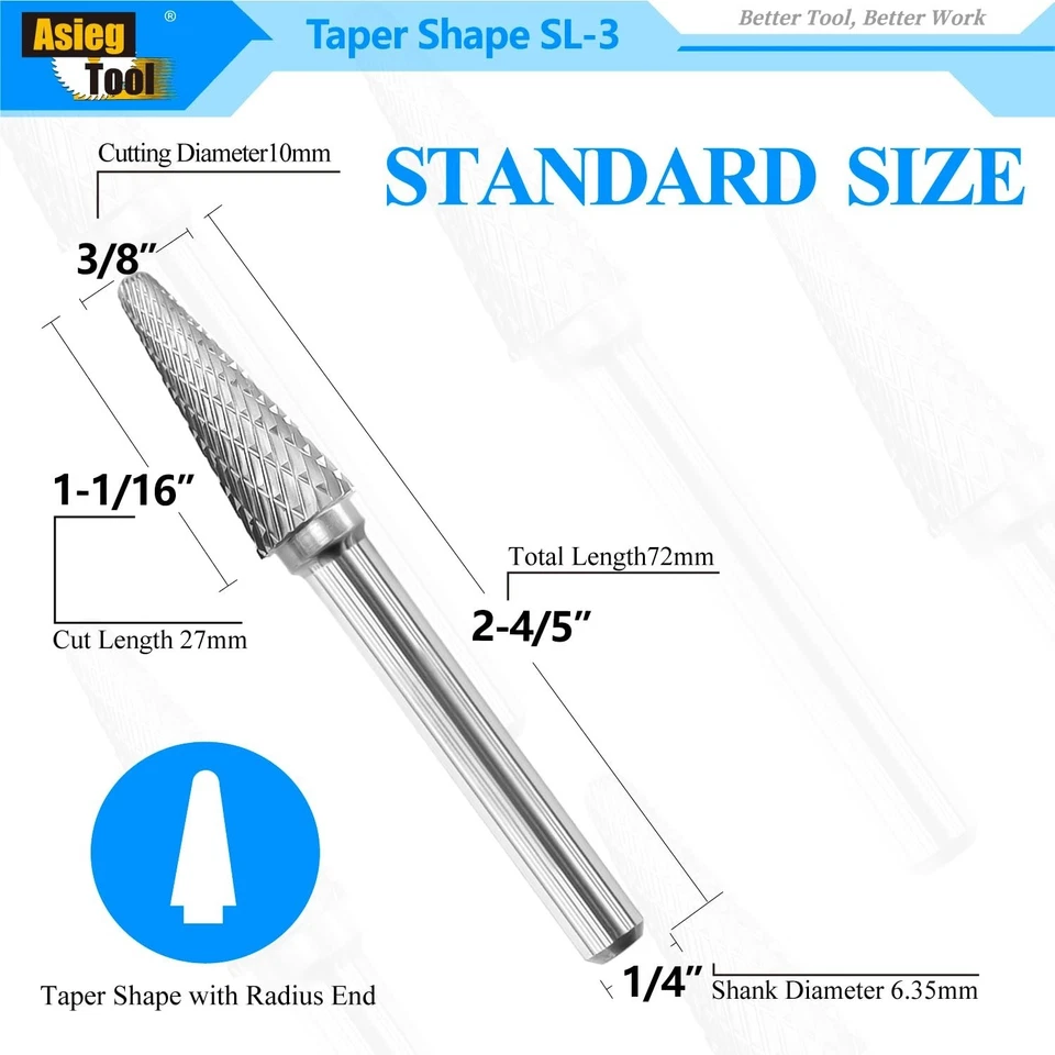Double Cut Taper Shape Radius Burr Bit - 1/4" Shank - Image 4 of 4