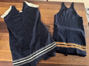 2 Vintage 1920s-30s Sears Navy Blue Wool Knit Swimsuit, White Stripes & Orange