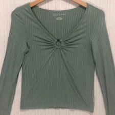 American Eagle Outfitters Ribbed Long Sleeve Cropped Top Green Ring Detail