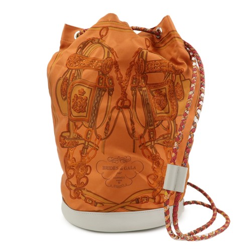 HERMES Soie Cool 22 Silk Leather Shoulder Bag Backpack Orange Authentic Used F/S