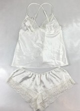 Vtg Victoria's Secret Silky Satin White Lace Pajama Set Cami Tank Top Shorts XS
